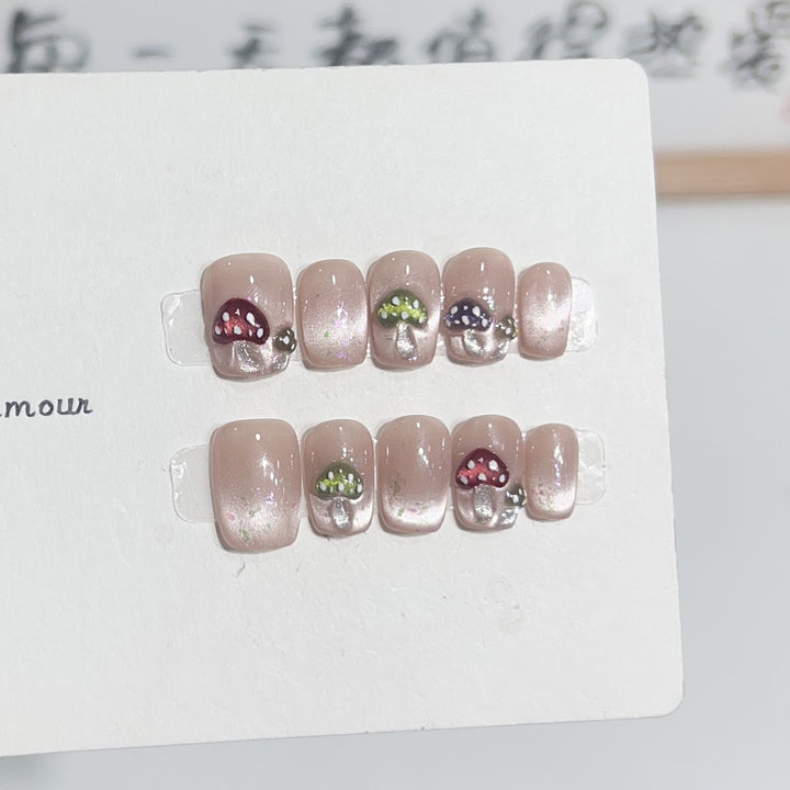 Artistic Press-On Nail Set with Playful Mushroom Designs Bowlift