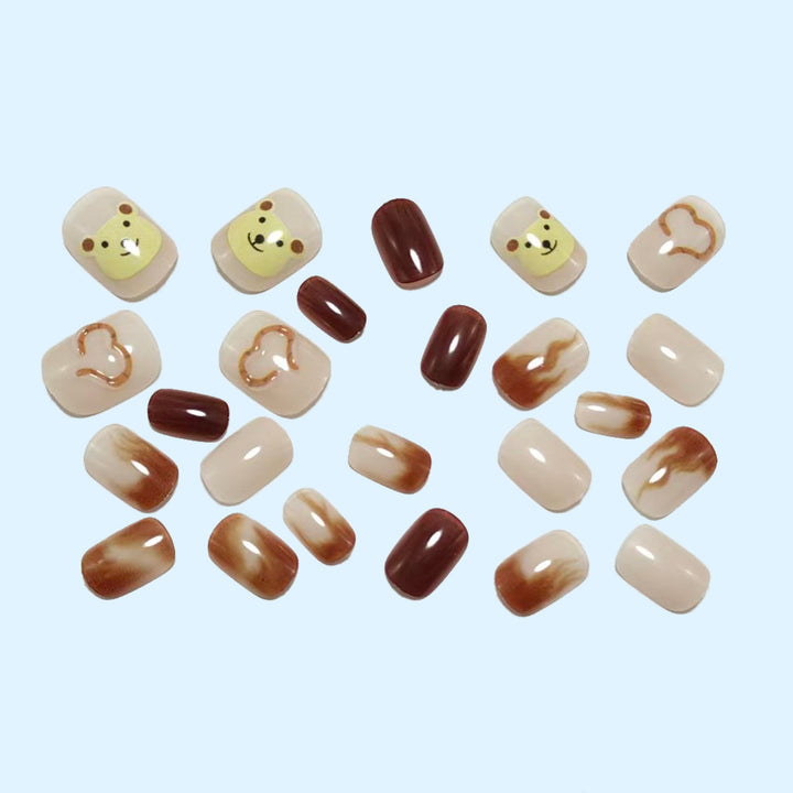 Artificial nails with cute bear design and marbled pattern Bowlift