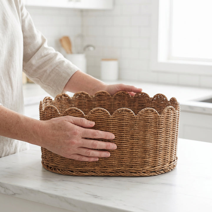 Rustic storage basket made of woven natural material Bowlift