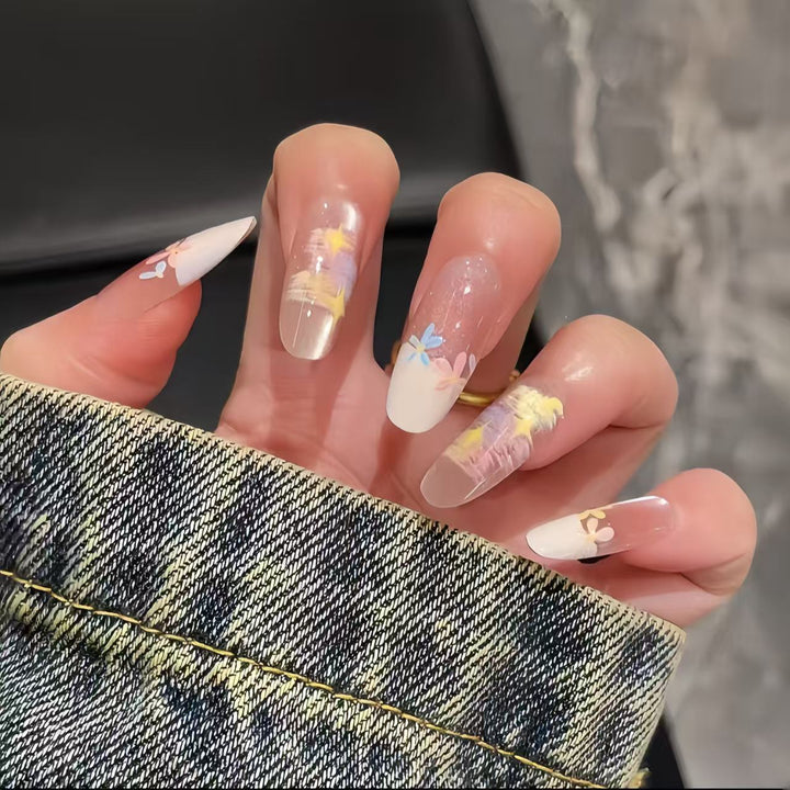 Decorative Long Stiletto Press-On Nails with Silver Accents Bowlift