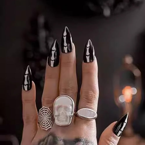 Gothic Skull-Design Stiletto Press-On Nails Bowlift