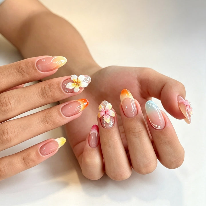 Artificial nails with color accents and floral design Bowlift