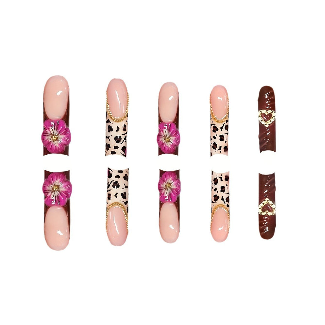 Decorative Long Acrylic Press-On Nail Art with Floral and Leopard Designs Bowlift