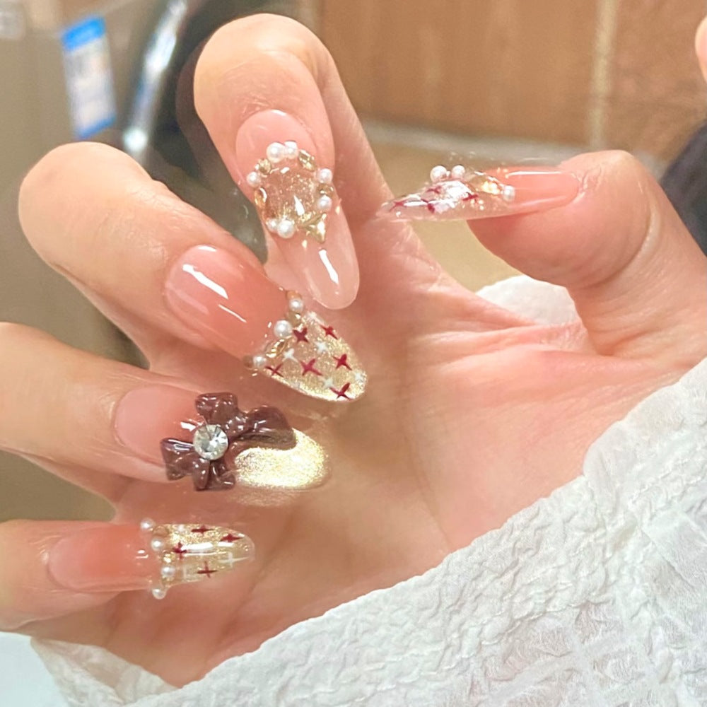 Decorative Bow and Gemstone Press-On Nails Bowlift