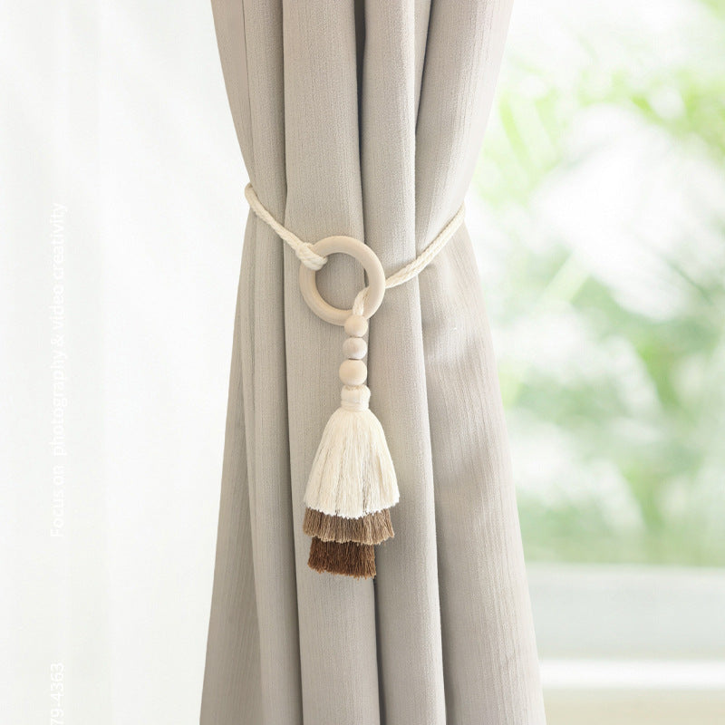 Decorative Layered Tassel Curtain Tieback with Wooden Beads and Loop Ring Bowlift