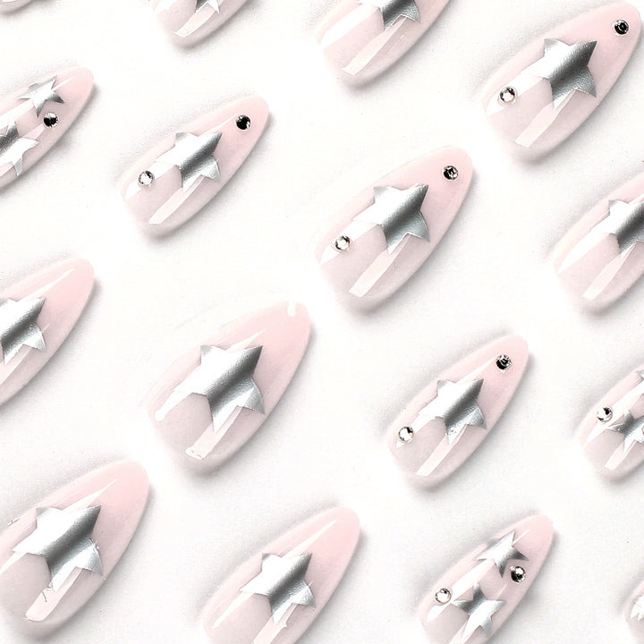 Artistic Nail Extensions with Silver Star Design Bowlift