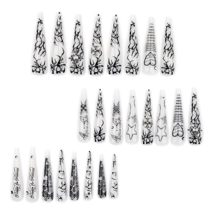 Artful stiletto nails with gothic pattern and embellishments Bowlift