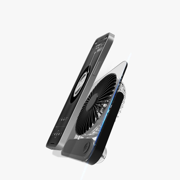 Cooling clear acrylic-framed rechargeable portable desk fan with digital battery percentage display and foldable handle Bowlift