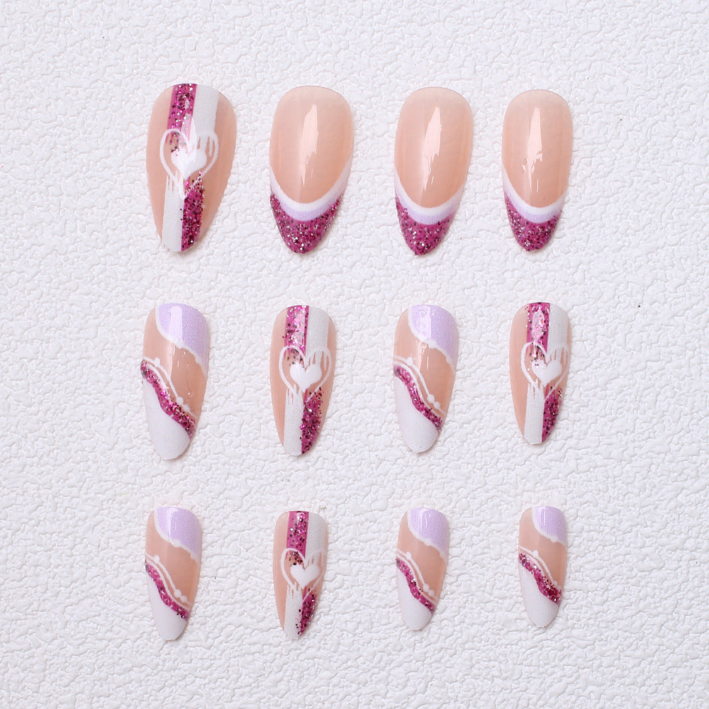 Artistic Glitter Heart Press-On Nails Bowlift