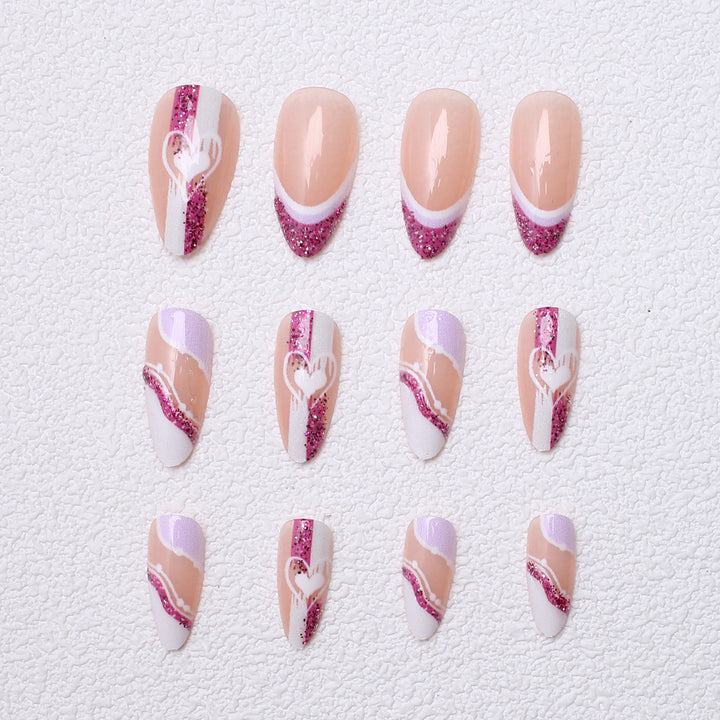 Artistic Glitter Heart Press-On Nails Bowlift