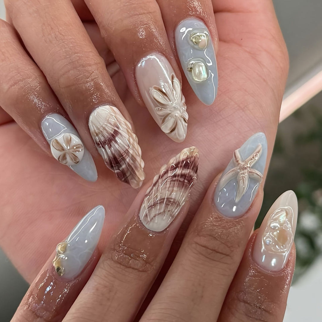 Shell-Decorated Press-On Nail Art Bowlift