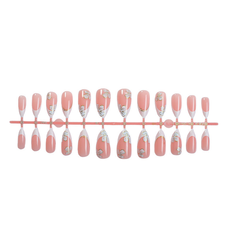 Floral Design Press-On Nail Set with Elegant French Tips Bowlift