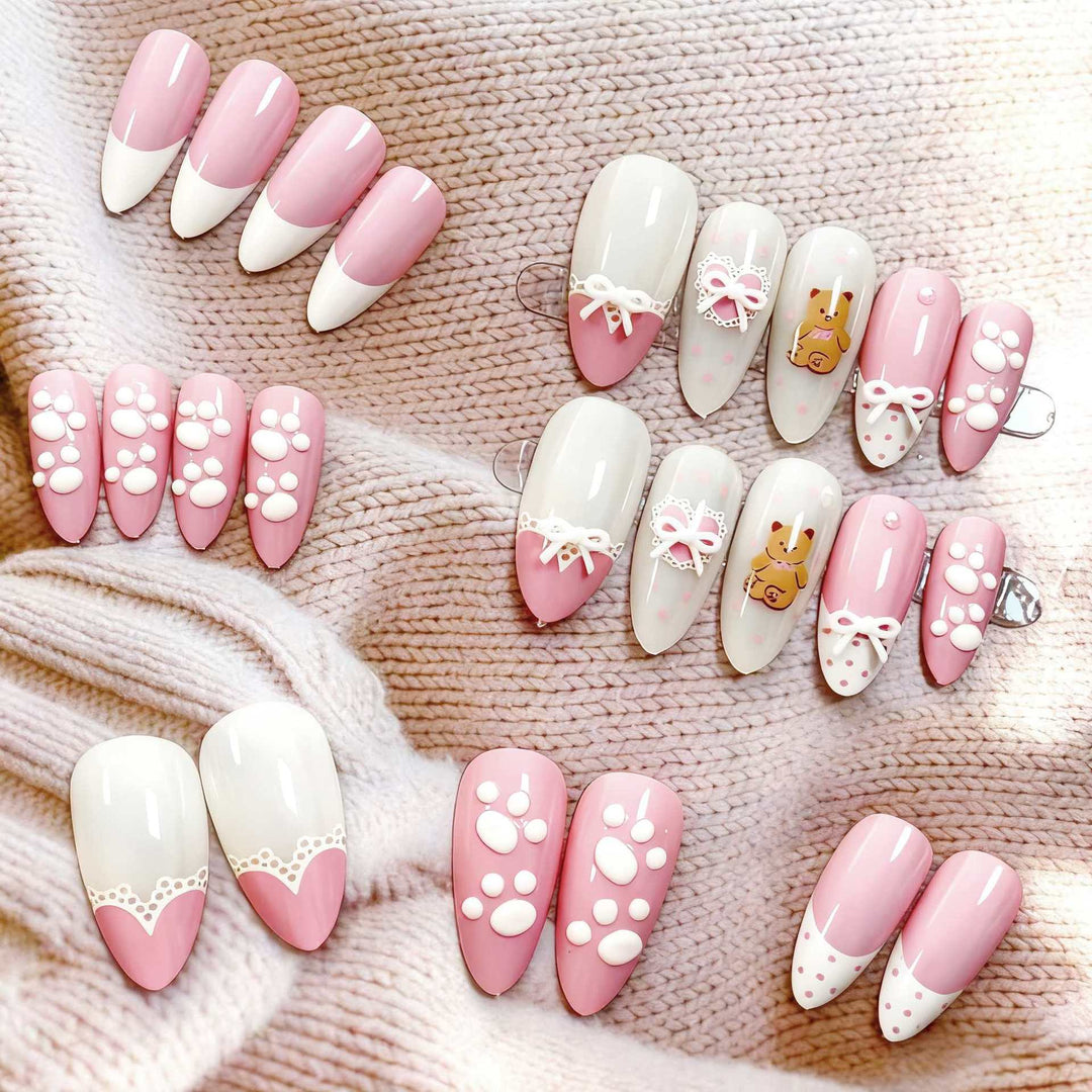 Artistic Bear-Themed Press-On Nail Set Bowlift