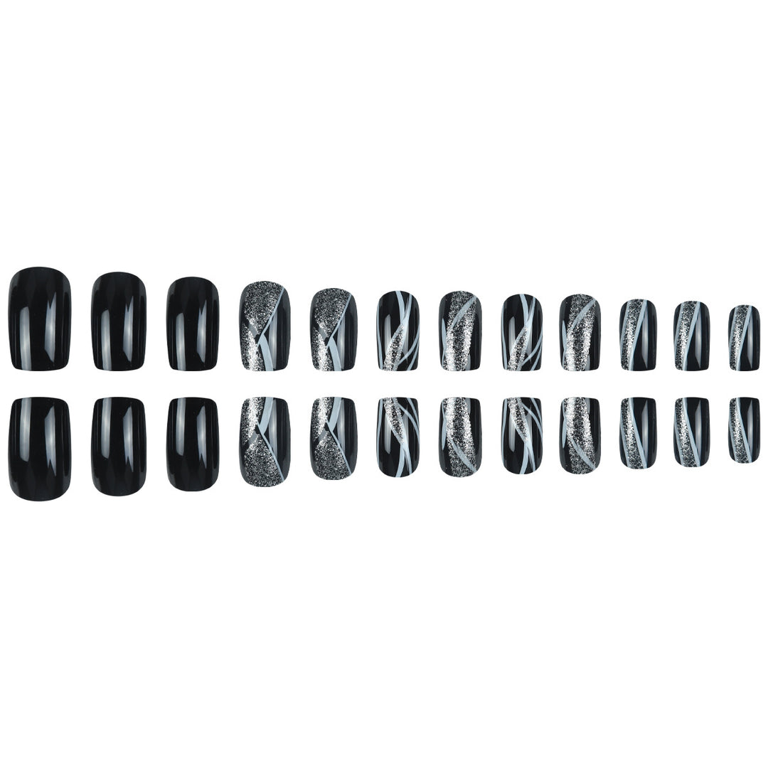 Stylish Press-On Nail Art with Glitter and Geometric Design Bowlift