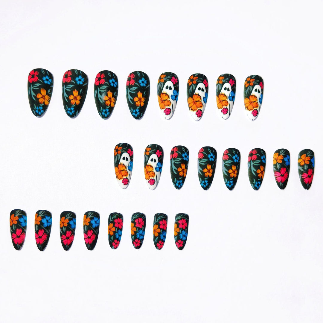 Creative Art Nails with Skull and Colorful Flower Design Bowlift