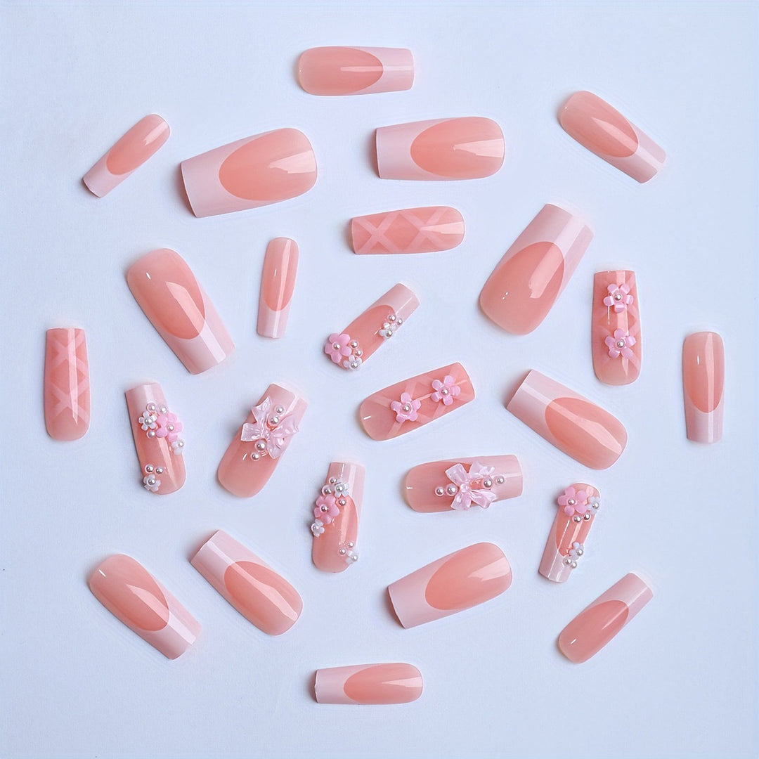 Acrylic nail set with elegant 3D flowers and ribbon decorations Bowlift
