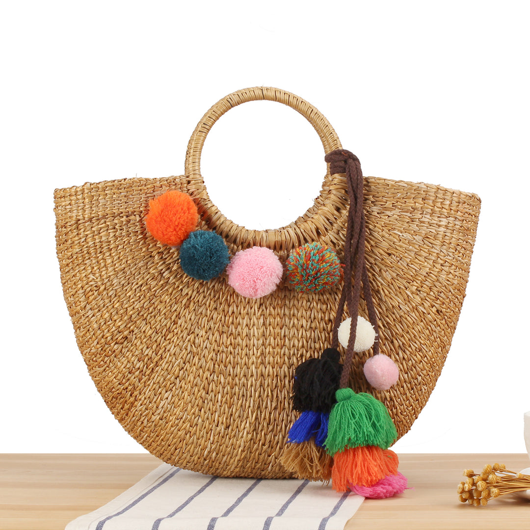 Braided Bast Crossbody Bag with Colorful Tassels Bowlift