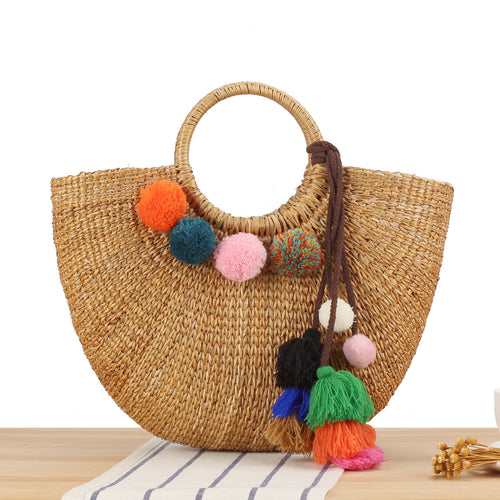 Braided Bast Crossbody Bag with Colorful Tassels Bowlift