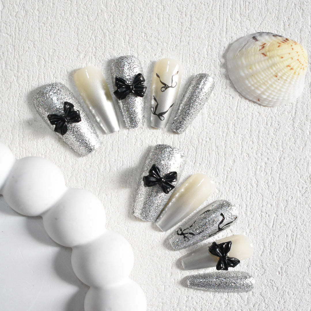 Glittery Bow-Accent Press-On Nail Set Bowlift