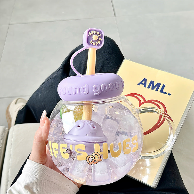 Women's drink container with integrated straw and cheerful fruit style design Bowlift