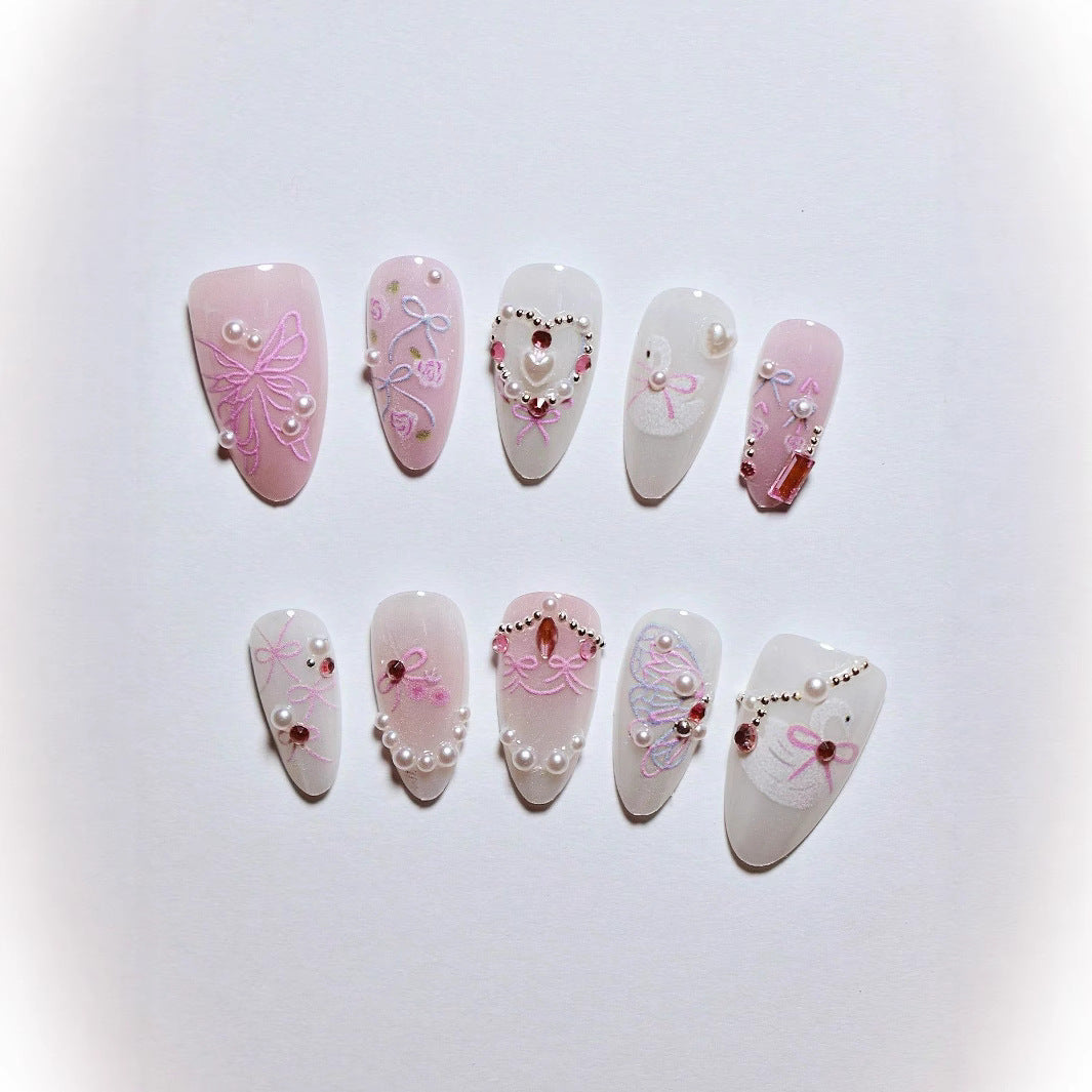 Decorative 3D Bow and Pearl Press-On Nail Art Bowlift