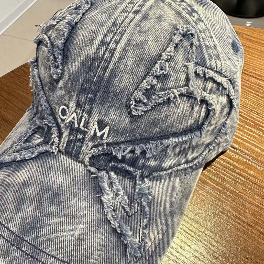 Unisex Distressed Denim Embroidered Cap Bowlift