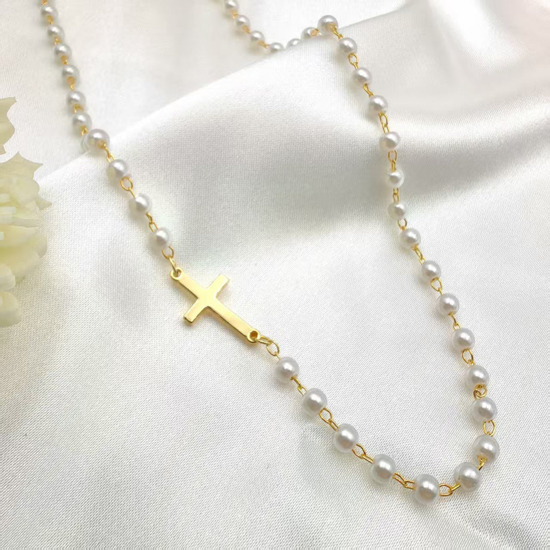 BowLift | Dainty Faux Pearl Cross Station Choker Necklace