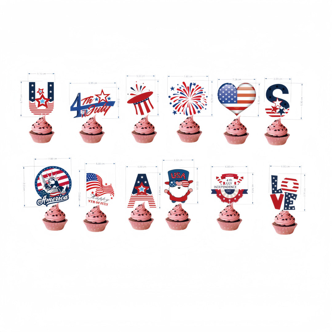 Unisex nan multiple cupcake topper set with patriotic USA motifs made of double-sided printed cardboard and wooden skewers Bowlift