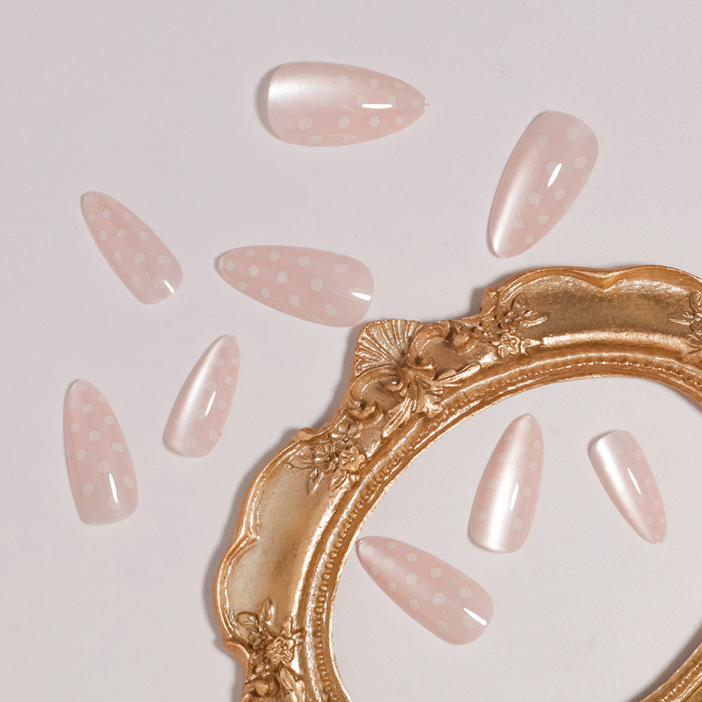 Elegant Almond-Shaped Press-On Nail Set with Polka Dot Design Bowlift