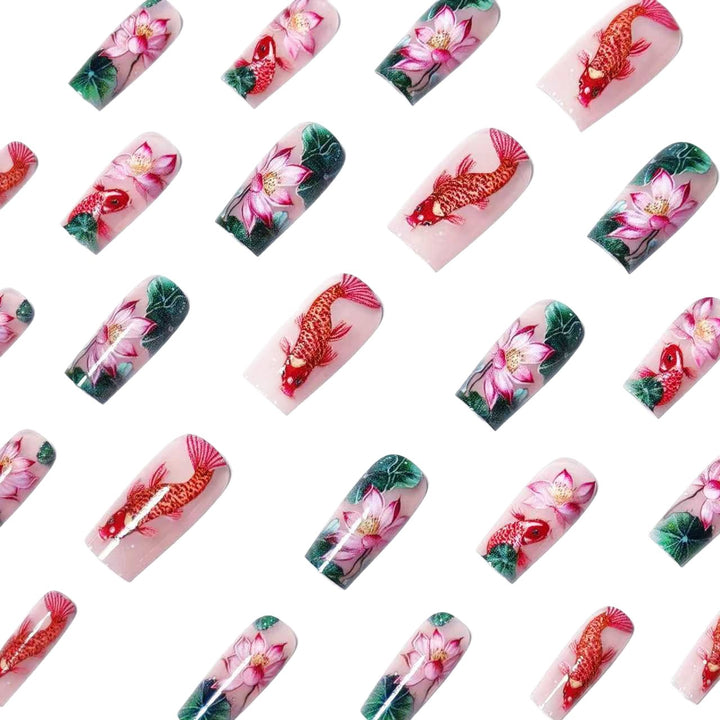 Artistic Water Lily and Koi Fish Nail Art Bowlift