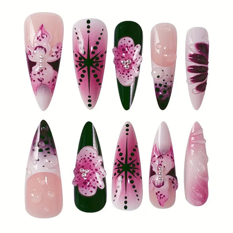 Artistic Floral Stiletto Nail Extensions Bowlift