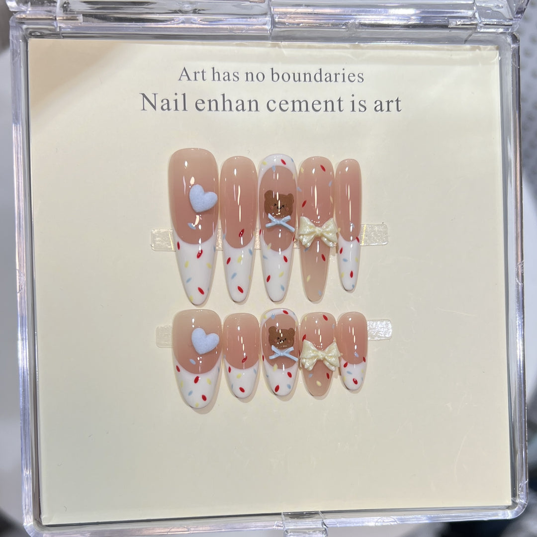 Decorative Stiletto Press-On Nail Art Set with Cute Character Accents Bowlift