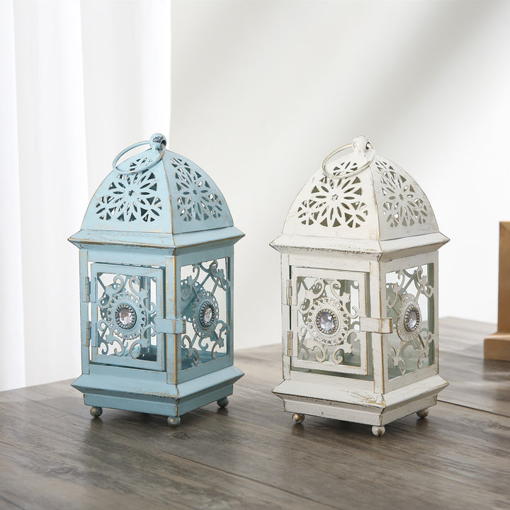 Antique-Style Decorative Metal Glass Candle Lantern with Filigree Cutouts and Hanging Ring Bowlift