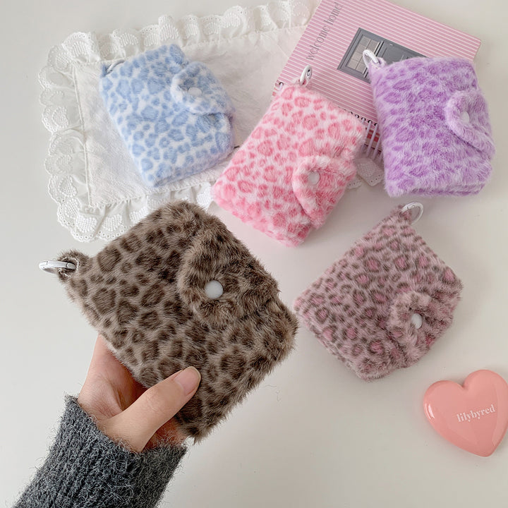 Faux Fur Leopard-Print Snap Keyring Card Wallet Bowlift