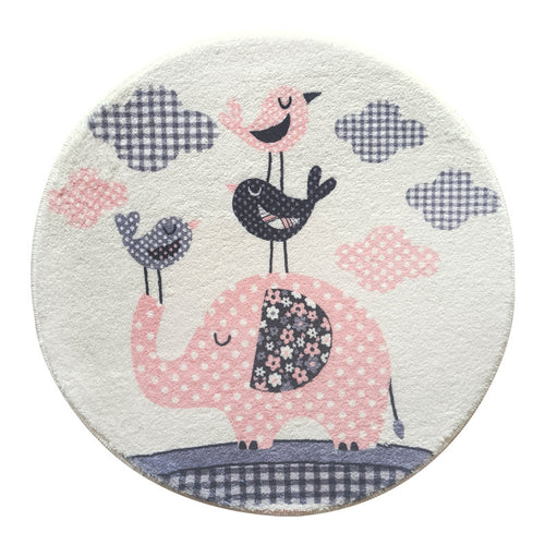 Whimsical Elephant and Bird-Themed Round Area Rug