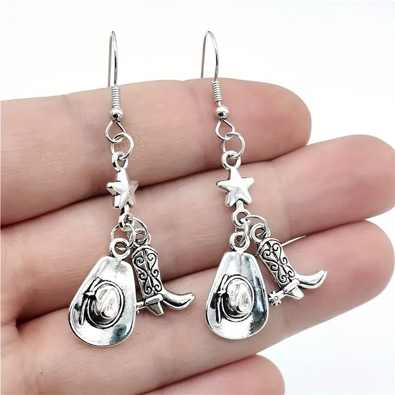 Western Charm Dangle Earrings with Cowboy Hat and Boot Charms Bowlift