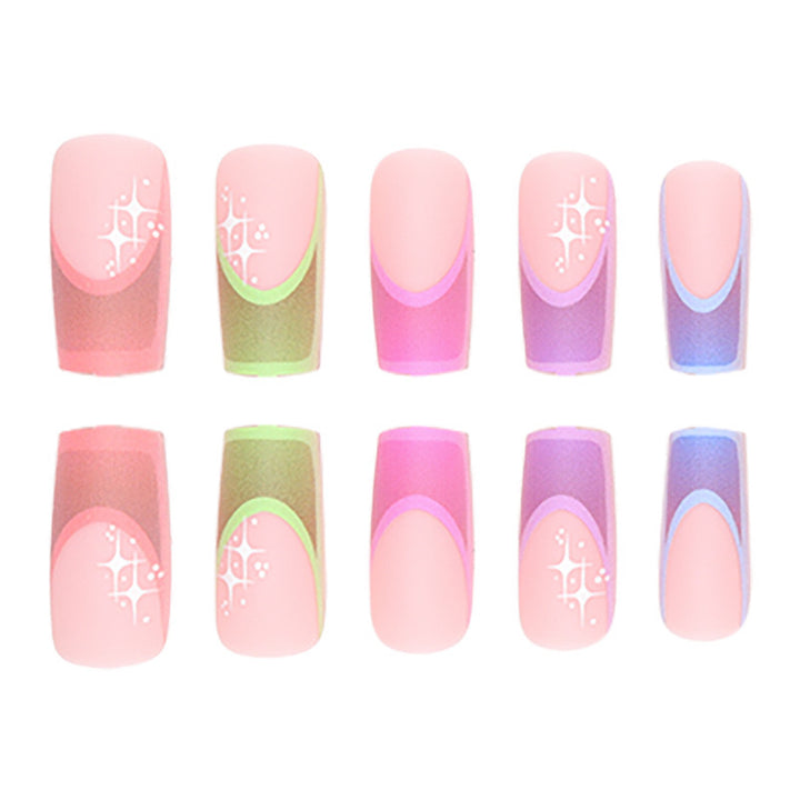 Acrylic nail set with colorful geometric designs and glitter accents Bowlift