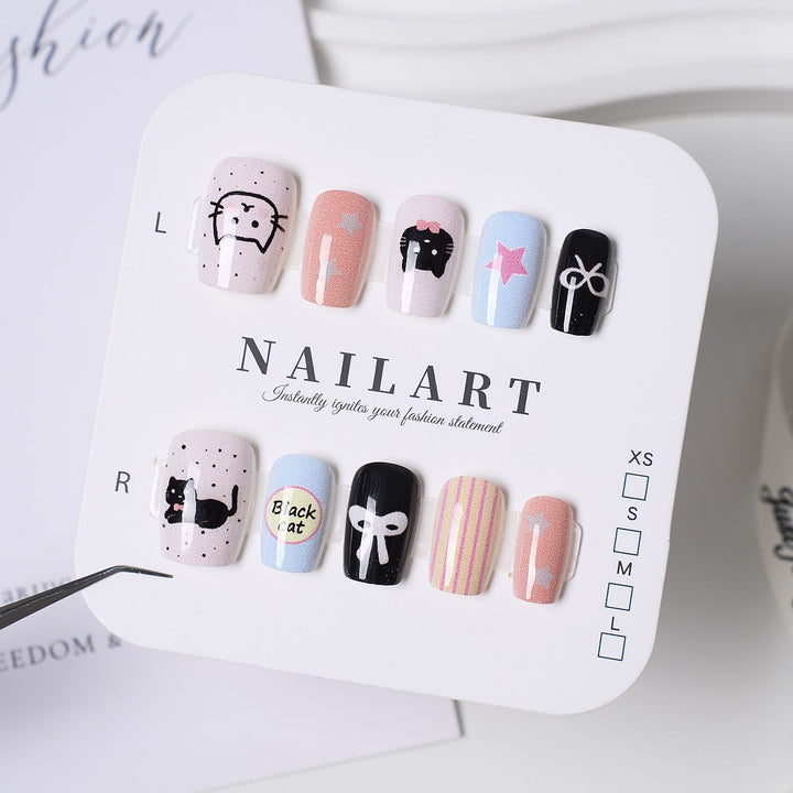 Playful Cat-Themed Press-On Nail Set Bowlift