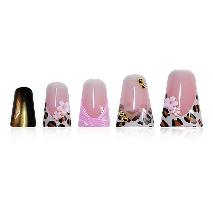 Decorative Press-On Nail Art with Floral and Leopard Accents Bowlift