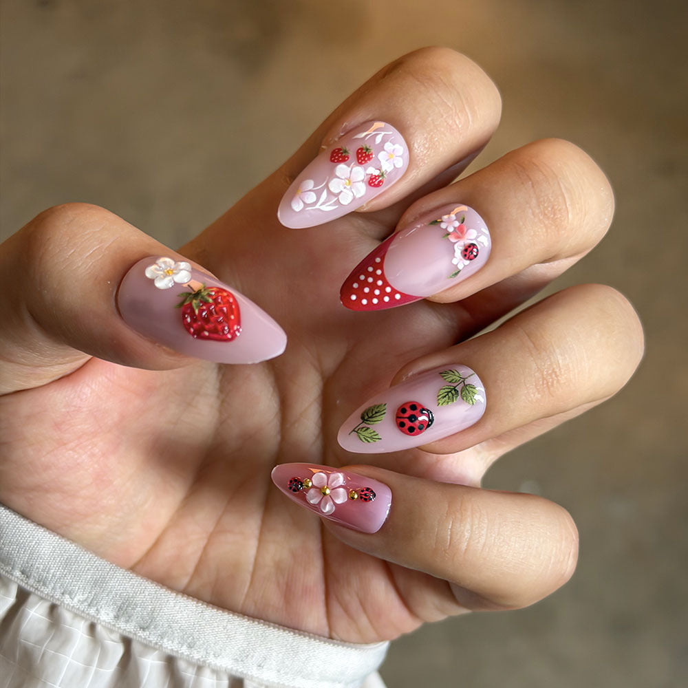 Whimsical Strawberry-Themed Press-On Nails Bowlift