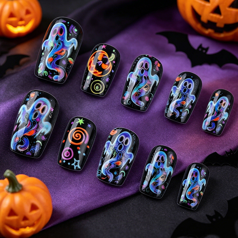 Artistic Halloween-Themed Press-On Nail Design Bowlift