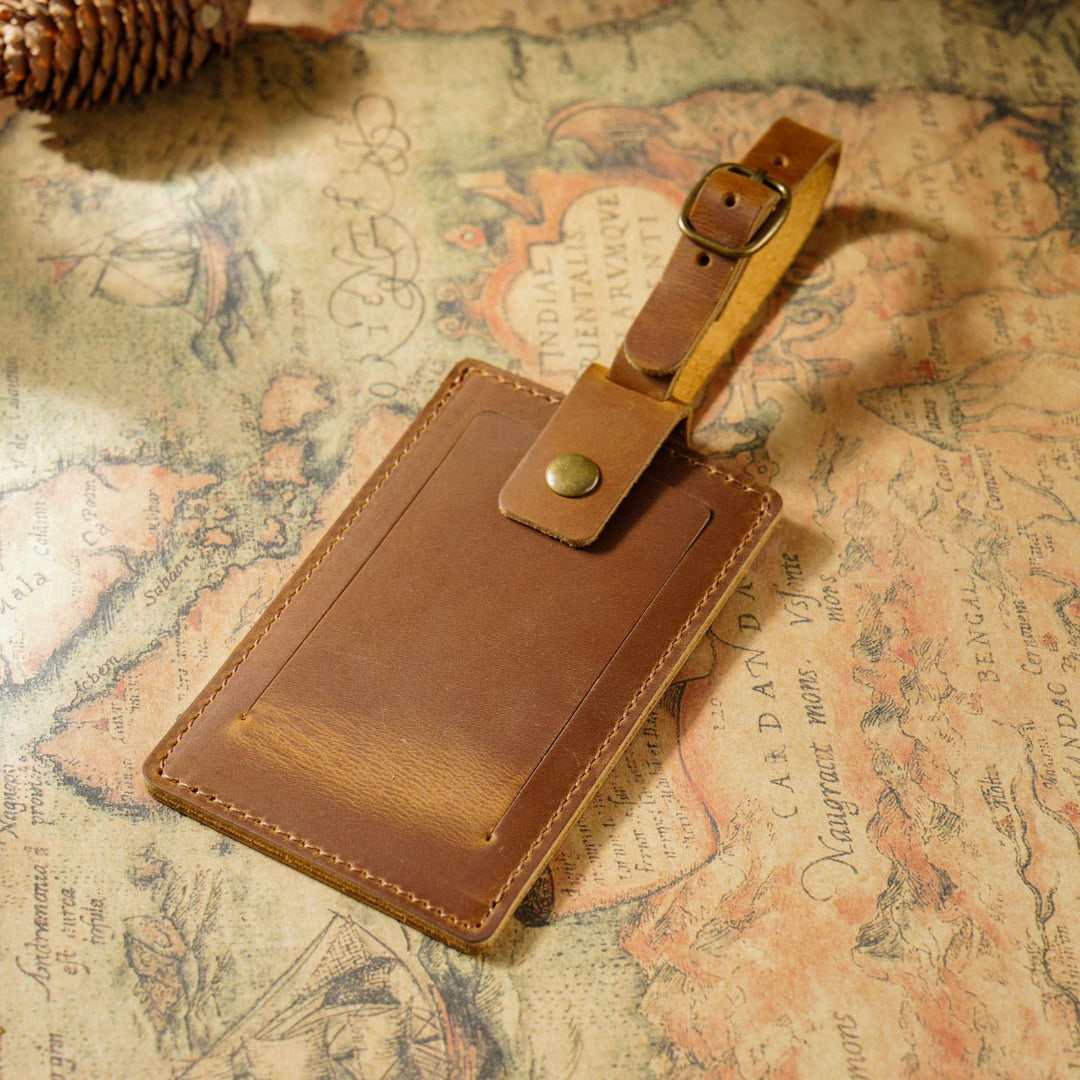 Vintage Full-Grain Leather Luggage Tag with Adjustable Buckle Strap Bowlift