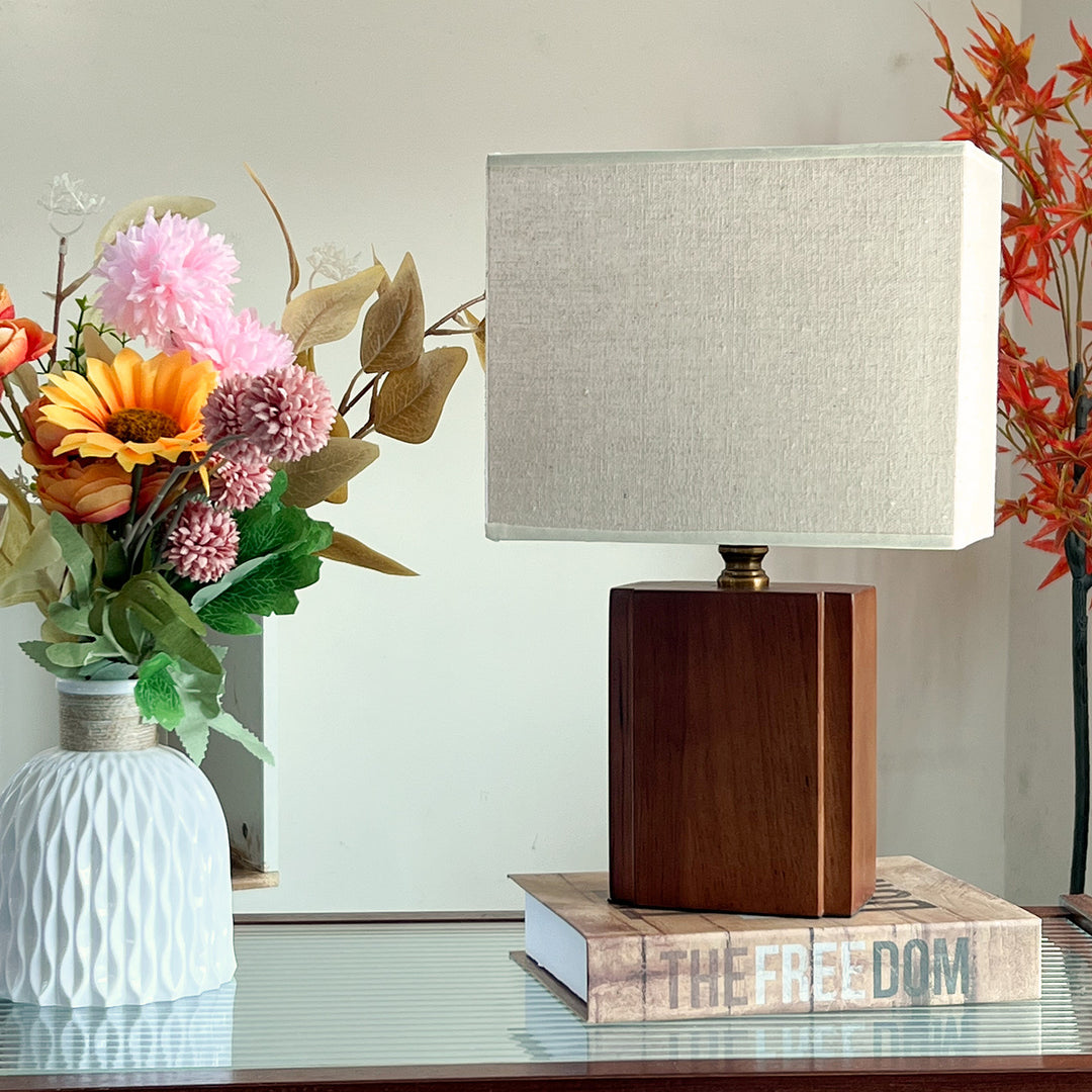 Retro modern solid wood table lamp with rectangular linen shade and brass neck Bowlift