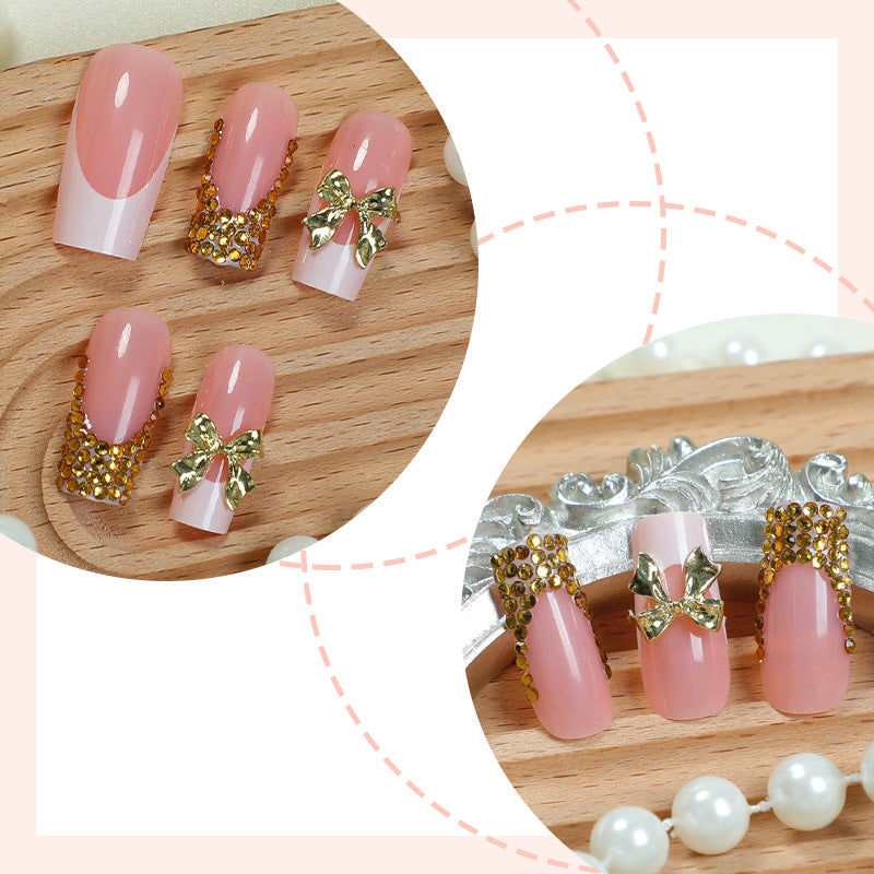 Decorative Press-On Nail Art Set with Elegant Bow and Gem Accents Bowlift