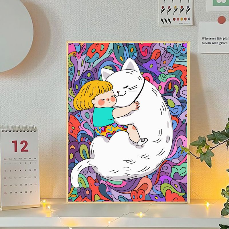 Playful Cat and Girl Illustration Canvas Art Bowlift