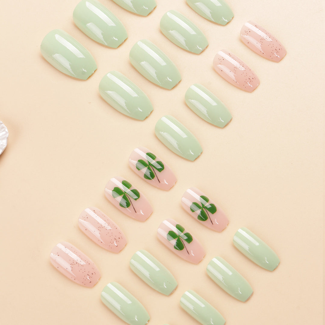 Decorative Press-On Nail Art Set with Clover Design Bowlift