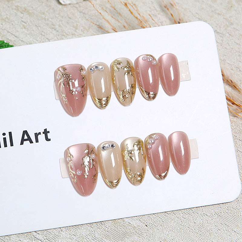 Artificial Nail Set with Elegant Gold Accent and Rhinestone Decorations Bowlift