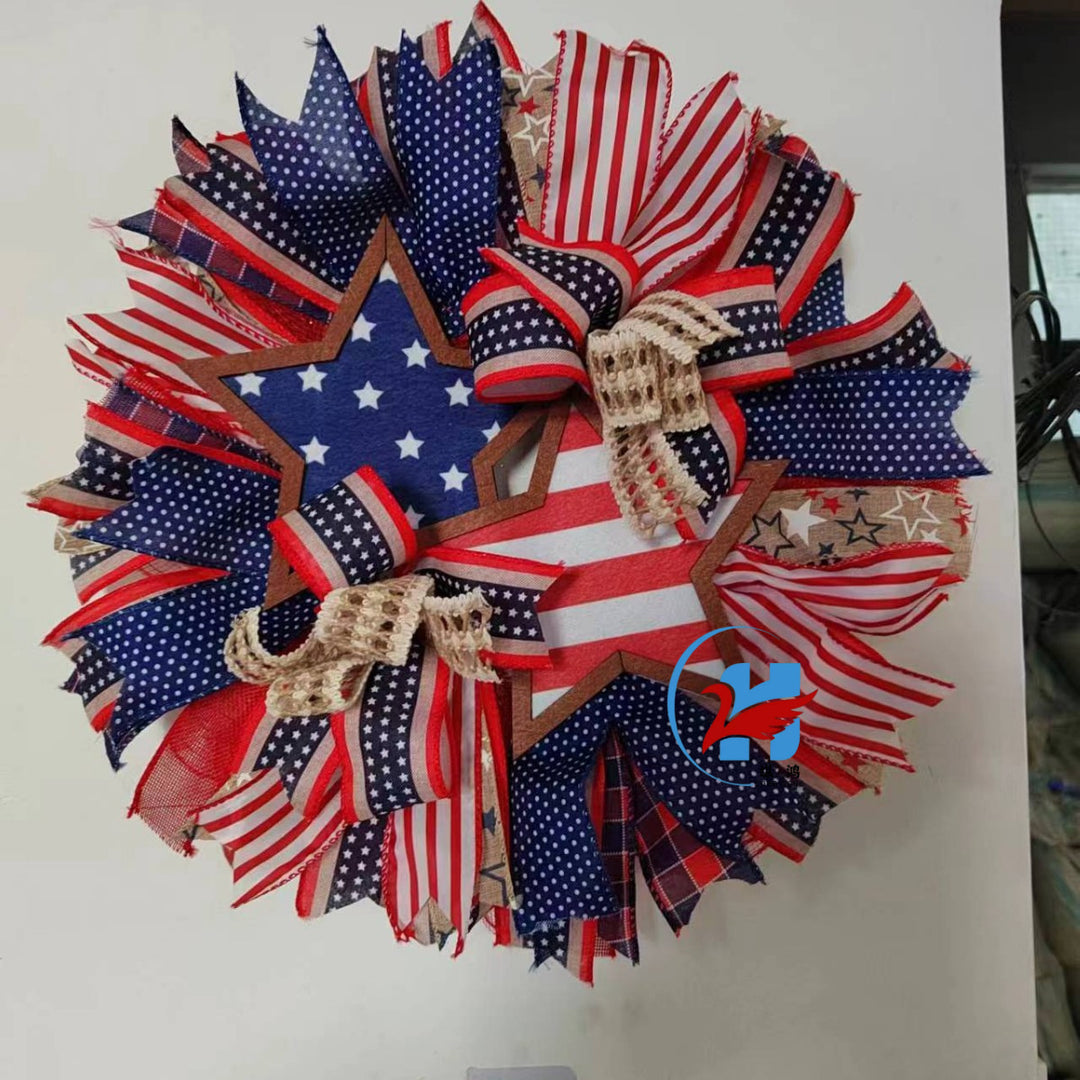 Unisex nan more patriotic front door wreath made of wood and jute ribbon with layered star and bow details Bowlift