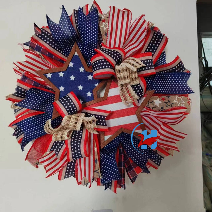 Unisex nan more patriotic front door wreath made of wood and jute ribbon with layered star and bow details Bowlift