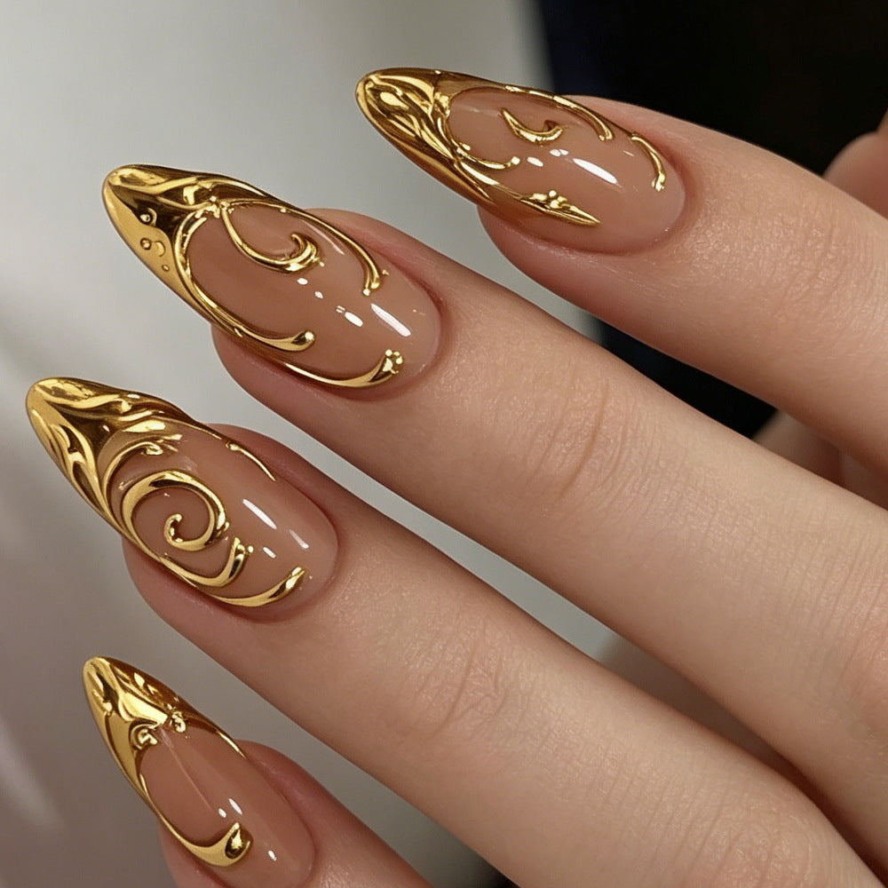 Elegant Gold Accented Press-On Nail Art Bowlift